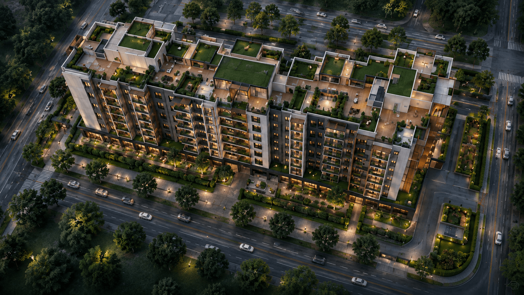 AARA Heights — aerial site view at dusk, establishing scale and layout, visualized by Space & Scale