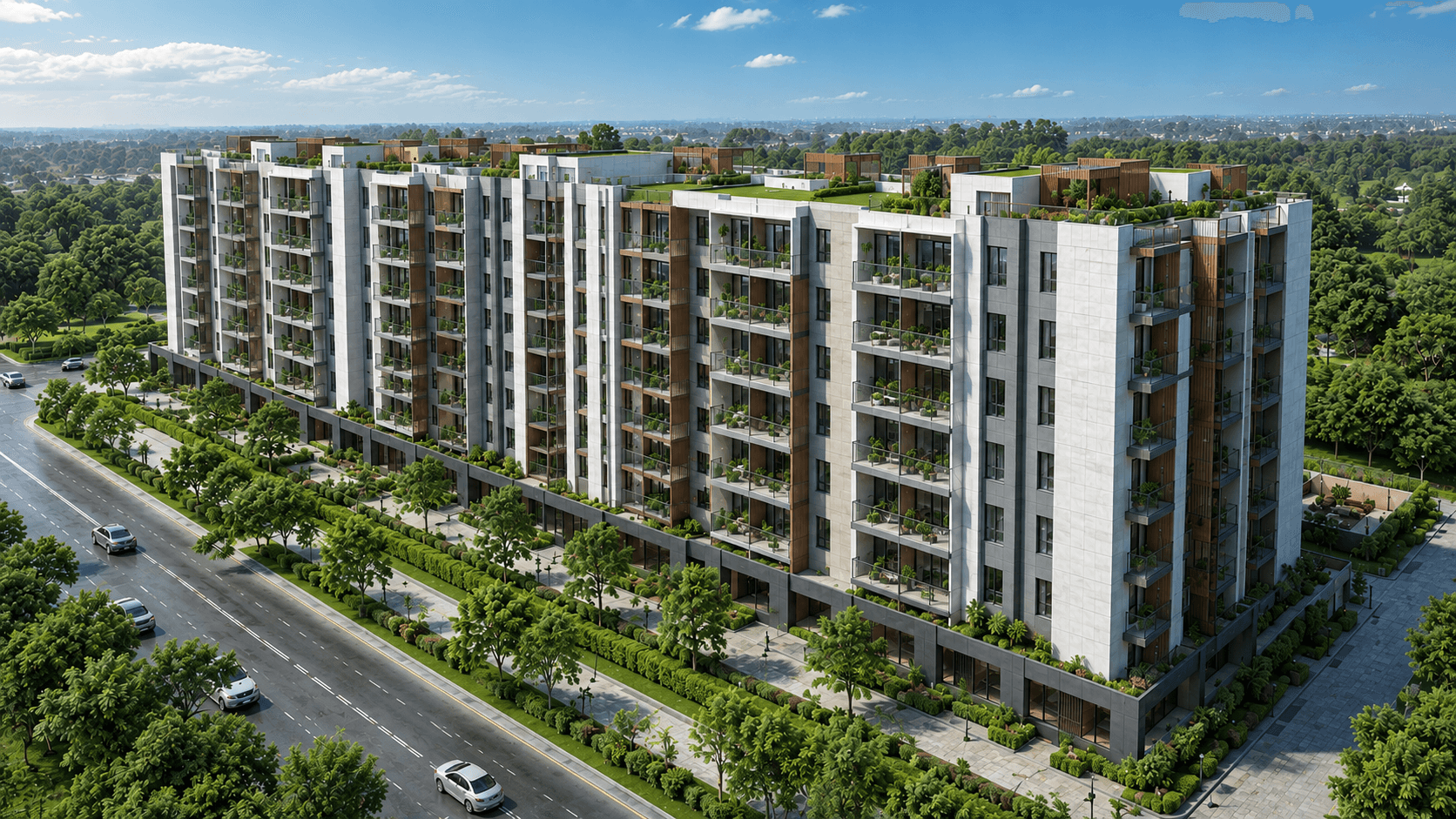 AARA Heights — daylight aerial view of the complex within its landscape, visualized by Space & Scale