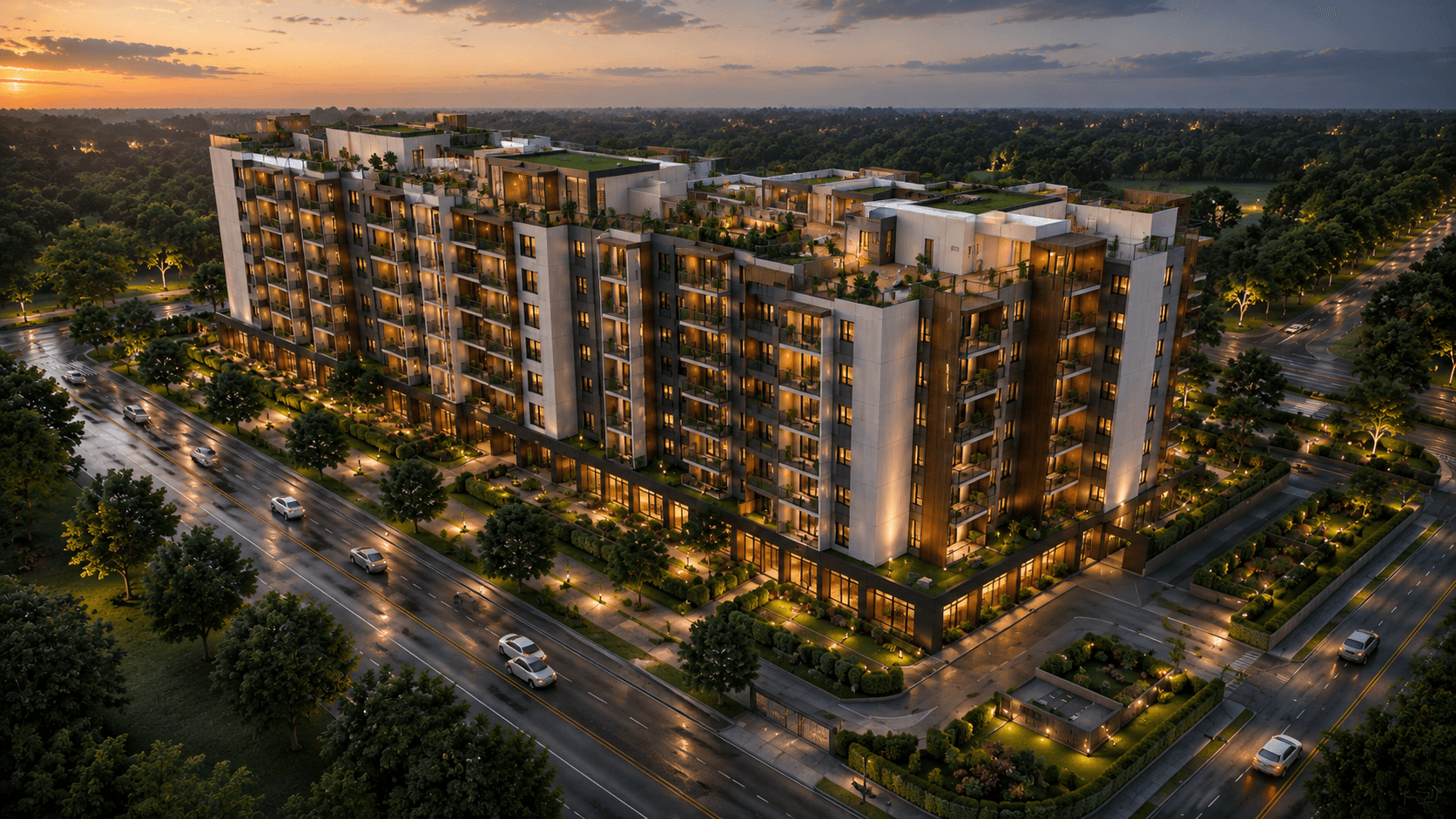 AARA Heights — elevation render at dusk, visualized by Space & Scale