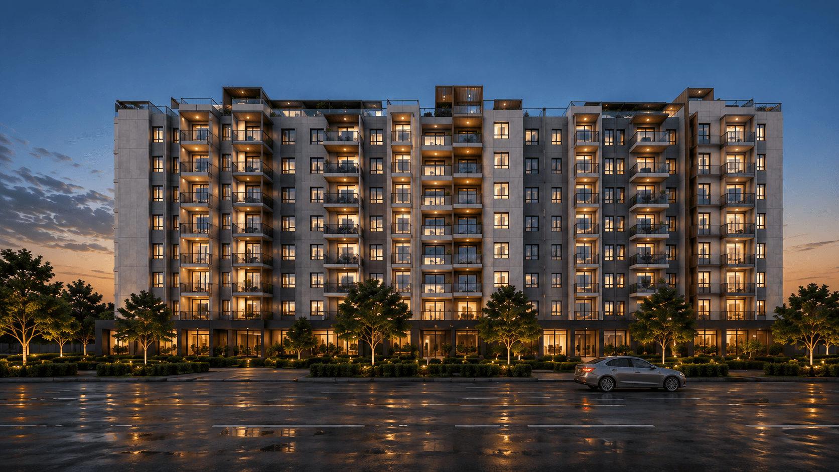 AARA Heights — front elevation at dusk with lit interiors, visualized by Space & Scale