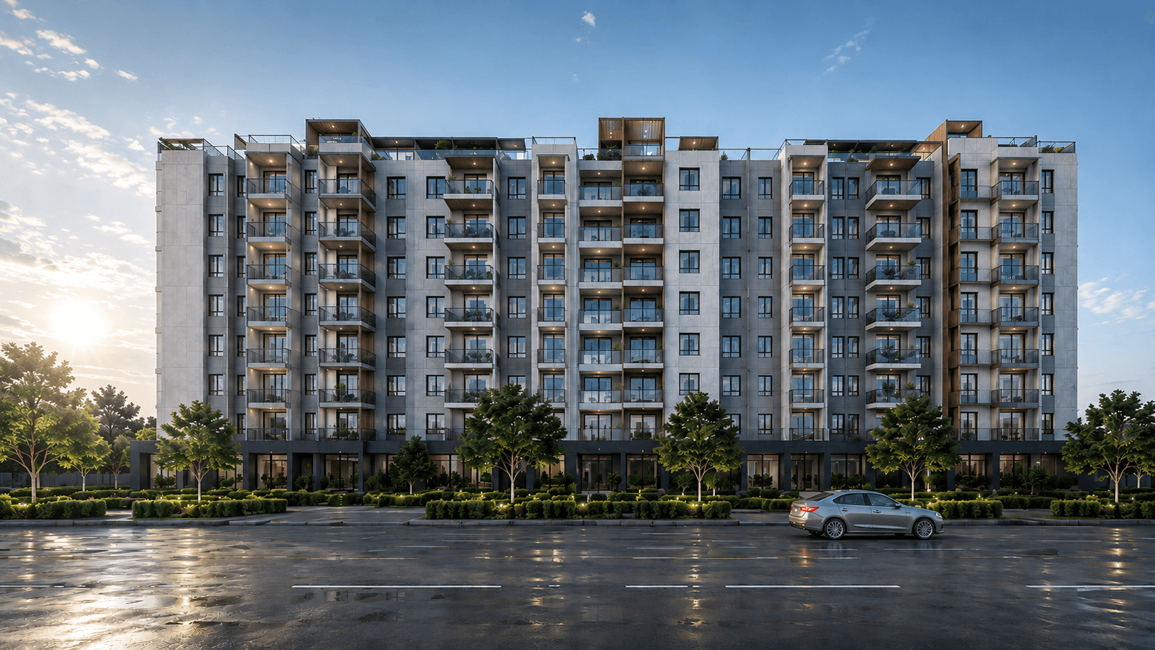 AARA Heights — front elevation in daylight, visualized by Space & Scale
