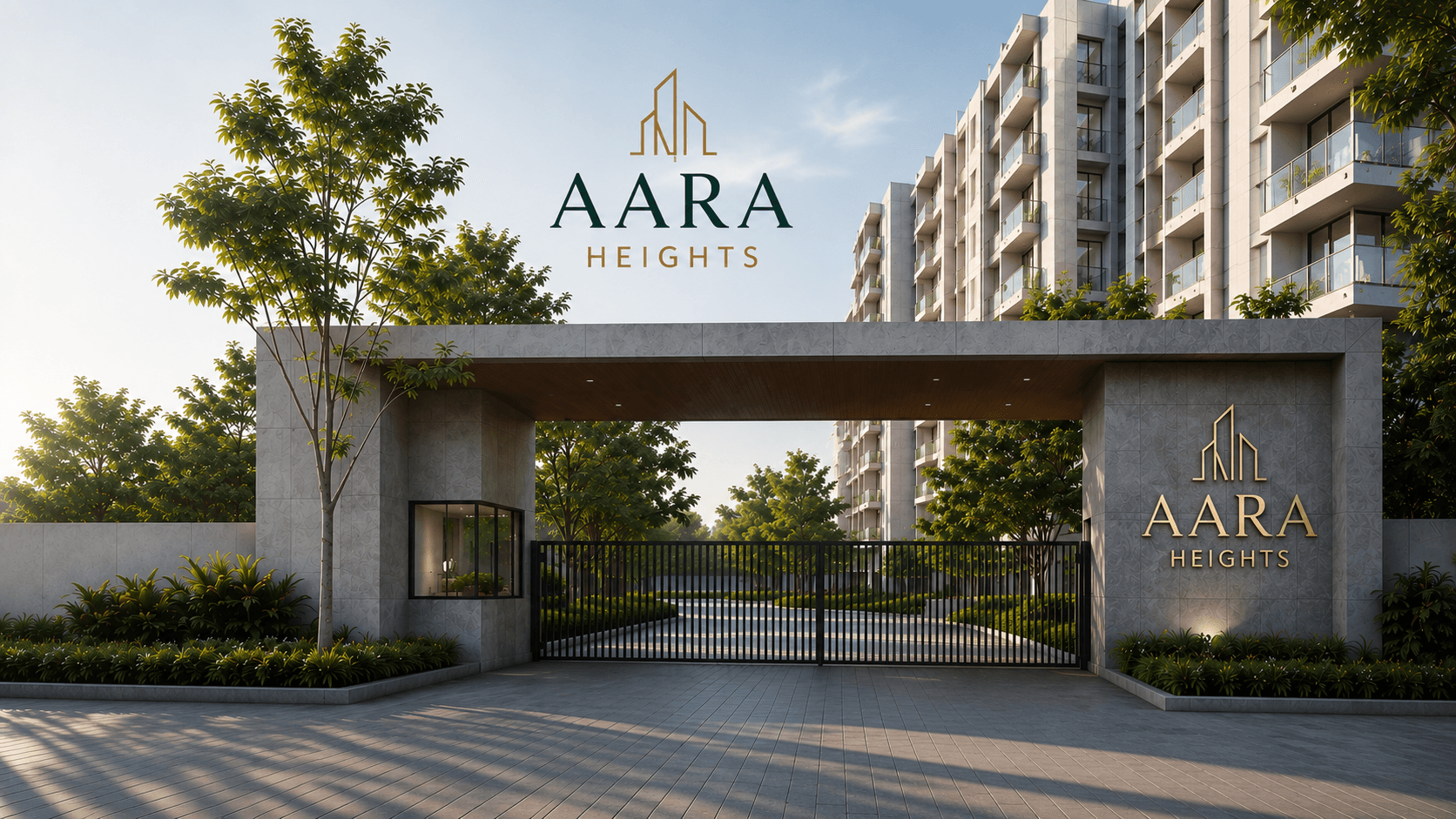 AARA Heights — entrance gate and signage, arrival sequence, visualized by Space & Scale