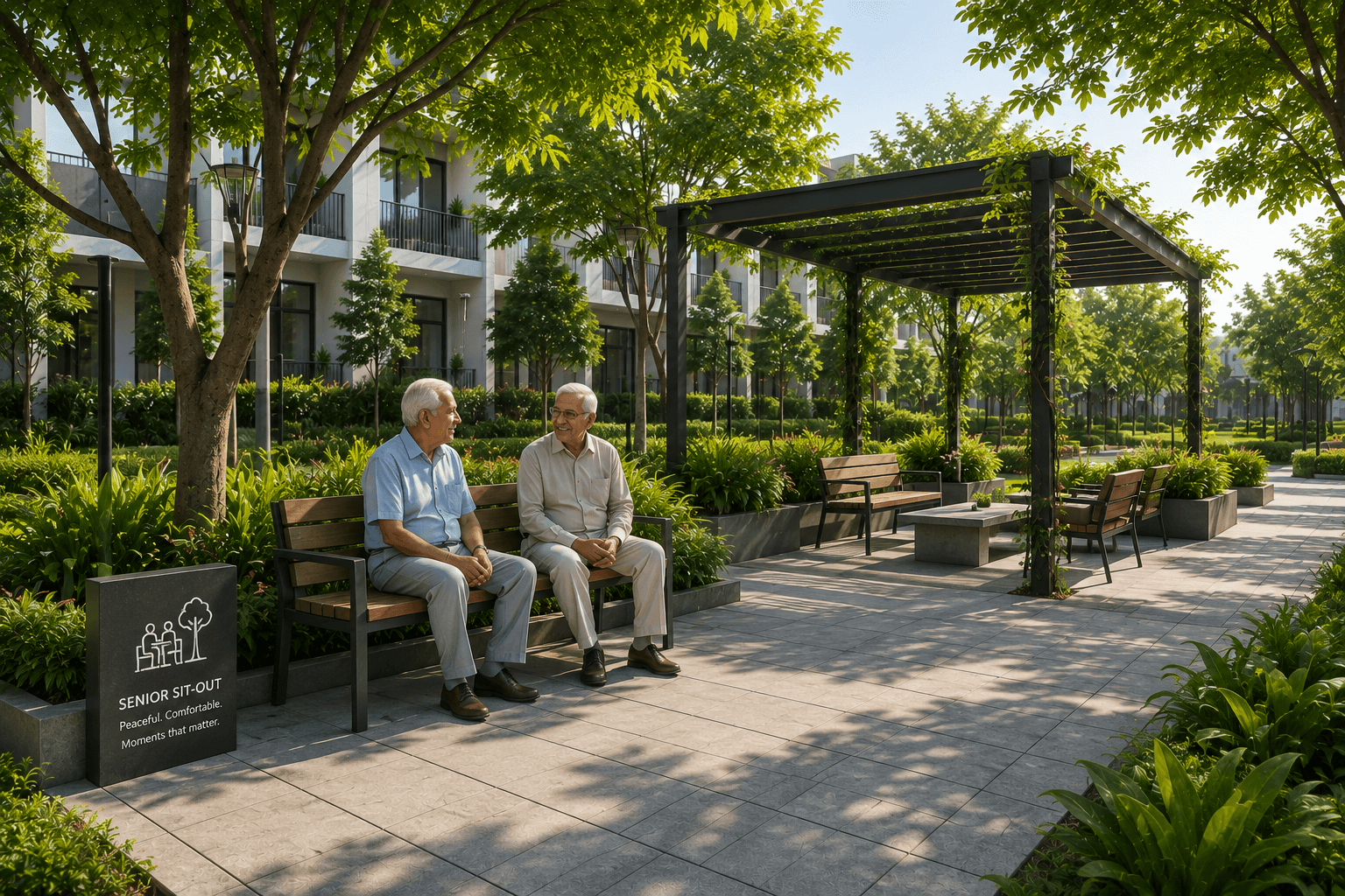 AARA Heights — shaded seating area, visualized by Space & Scale