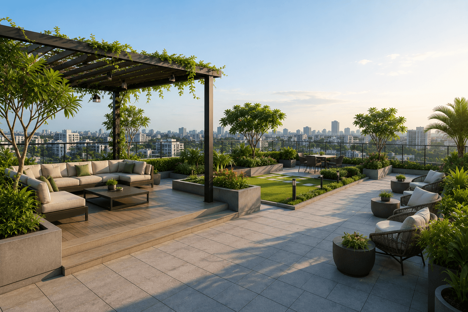 AARA Heights — rooftop pergola lounge, visualized by Space & Scale