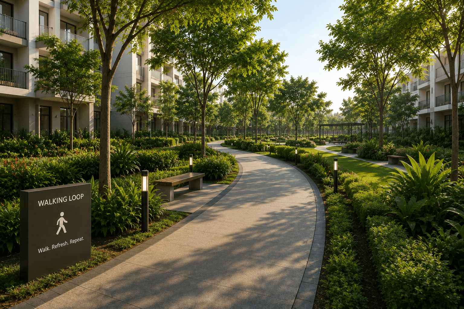 AARA Heights — landscaped walking path, visualized by Space & Scale