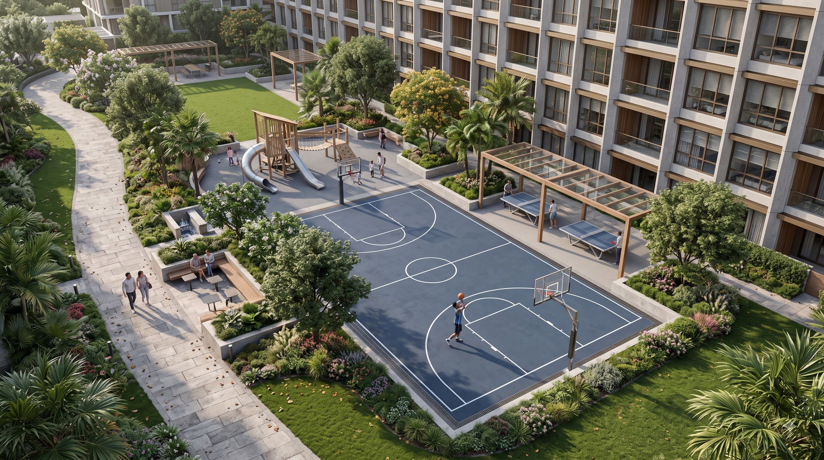 Aurum Heights tower facade and landscaped courtyard — marketing campaign visual by Space & Scale, Bengaluru