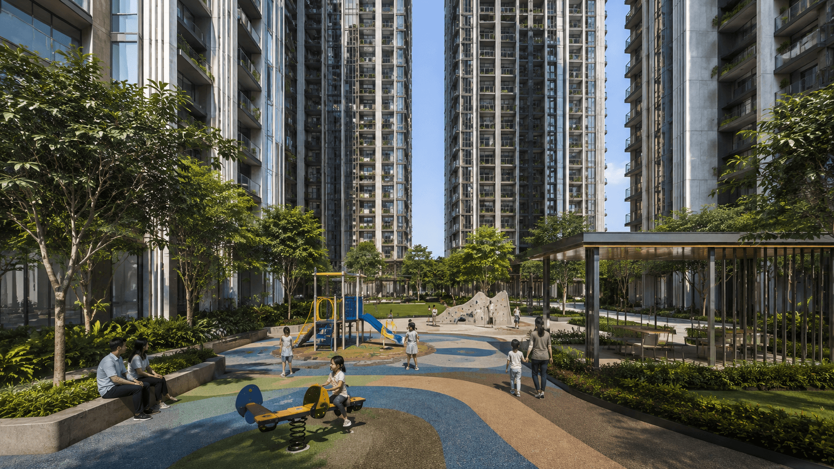 Aurum Heights — podium water feature at dusk, visualized by Space & Scale