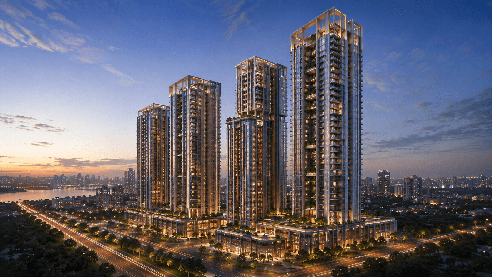 Aurum Heights — amenity deck overlooking the skyline, visualized by Space & Scale