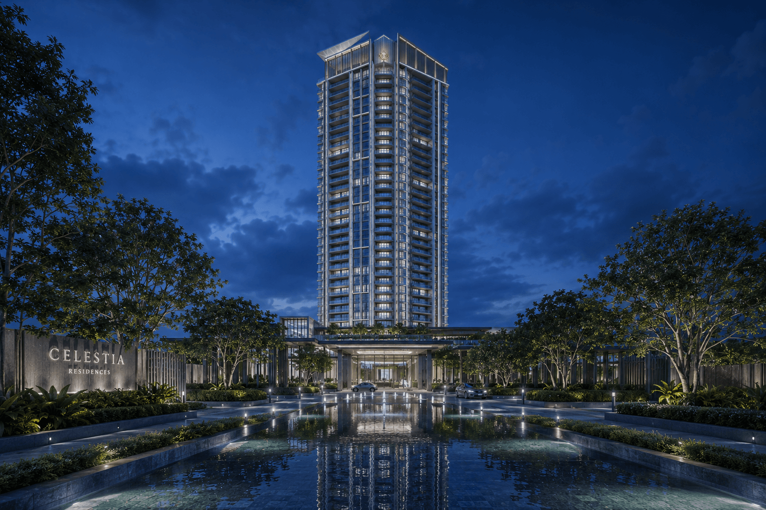 Celestia Residences resort-style pool deck — photorealistic 3D render, Mumbai