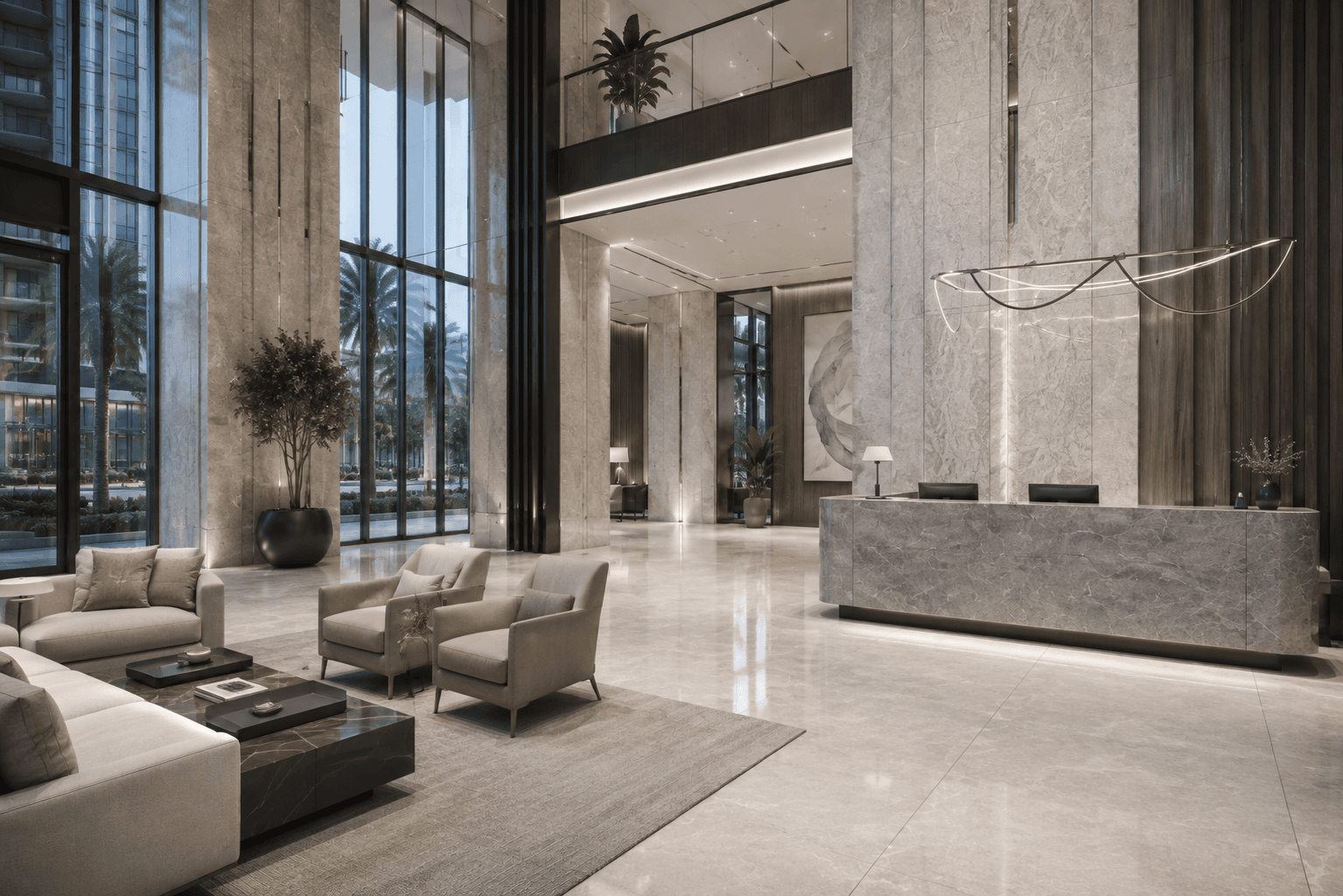 Celestia Residences — poolside cabana and lounge seating, visualized by Space & Scale