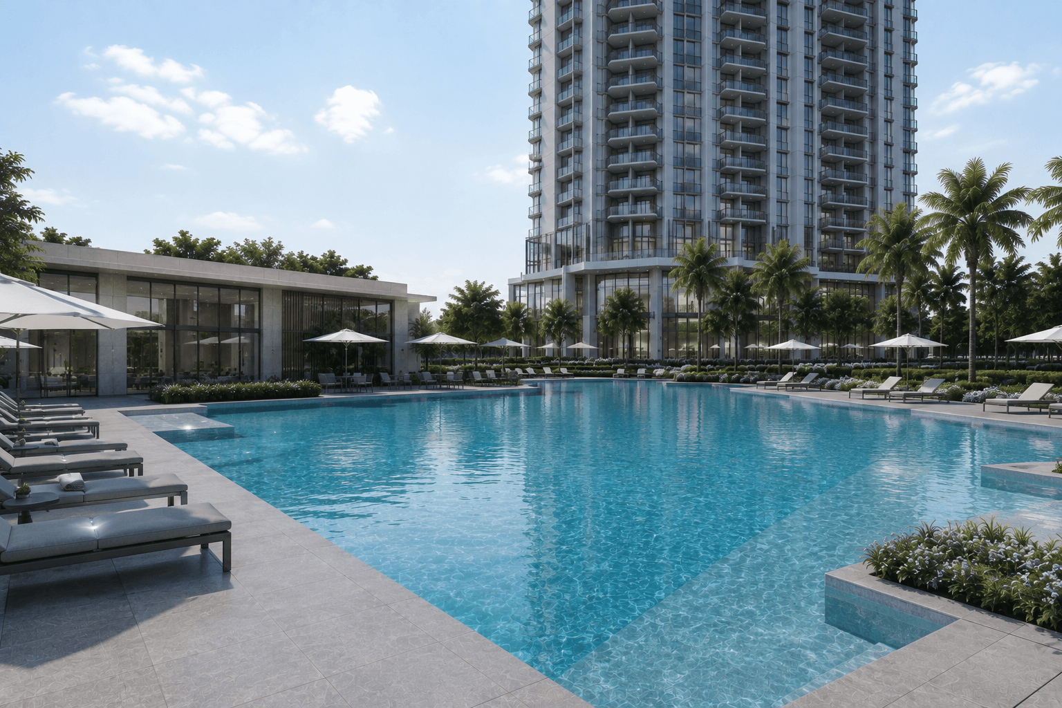 Celestia Residences — clubhouse glazing and courtyard view, visualized by Space & Scale