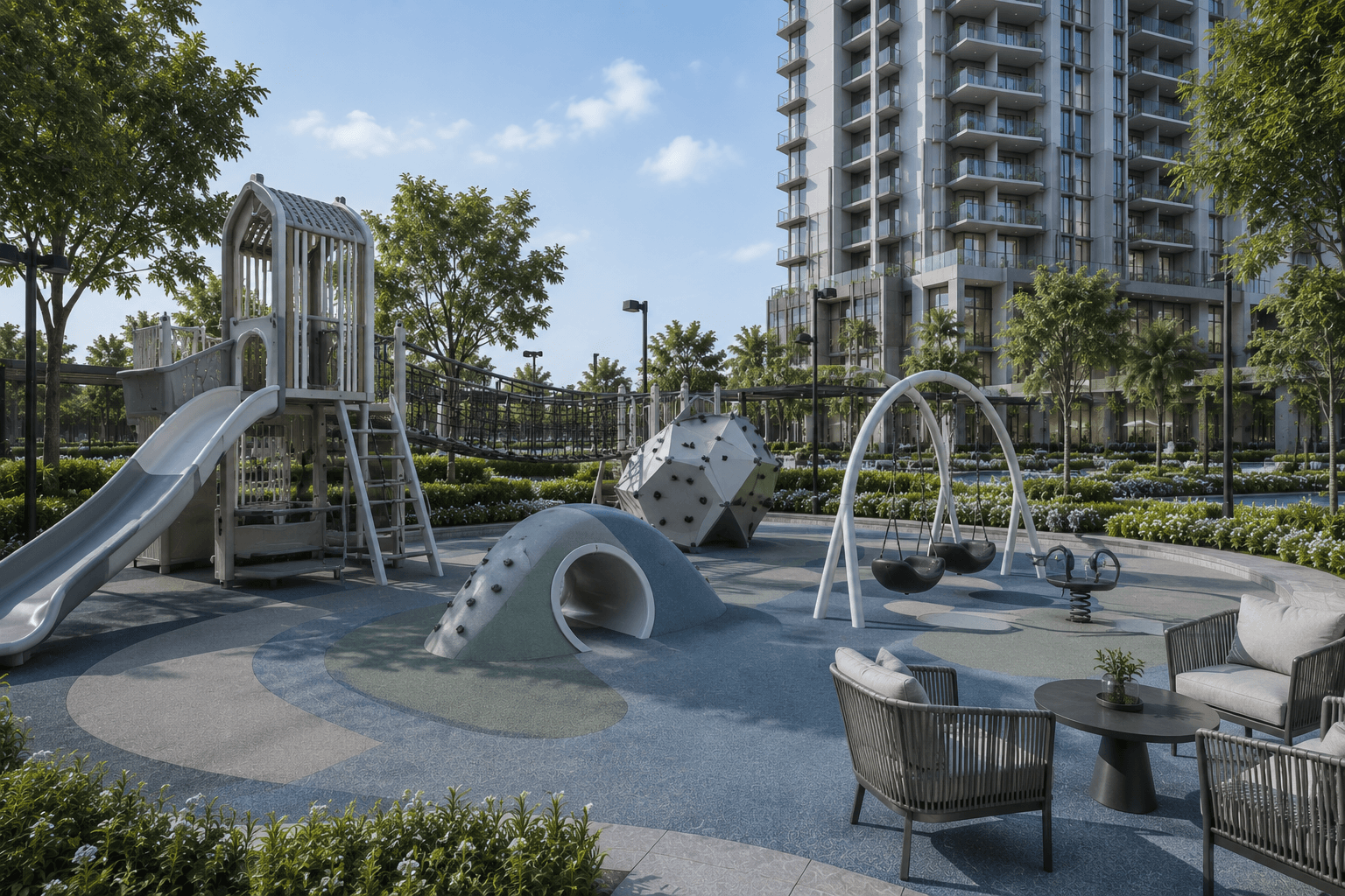 Celestia Residences — evening amenity terrace, visualized by Space & Scale
