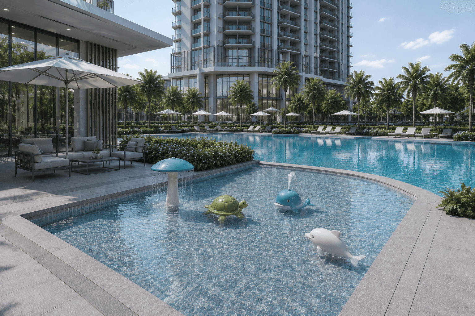 Celestia Residences — landscaped arrival drive, visualized by Space & Scale