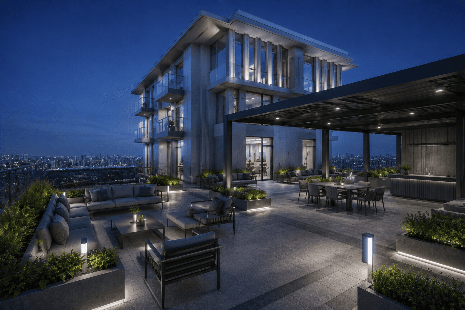 Celestia Residences — clubhouse glazing and courtyard view, visualized by Space & Scale