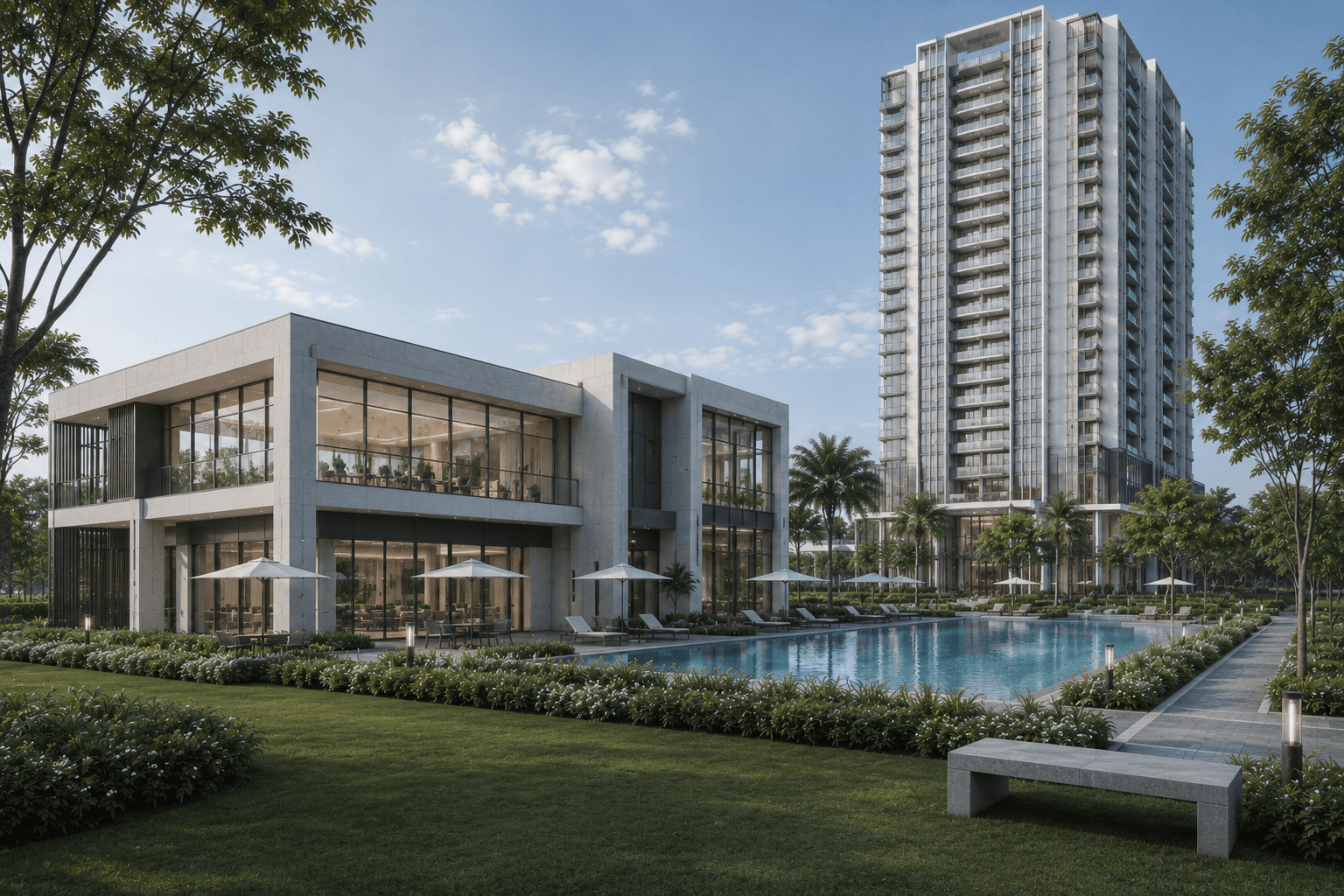 Celestia Residences — evening amenity terrace, visualized by Space & Scale