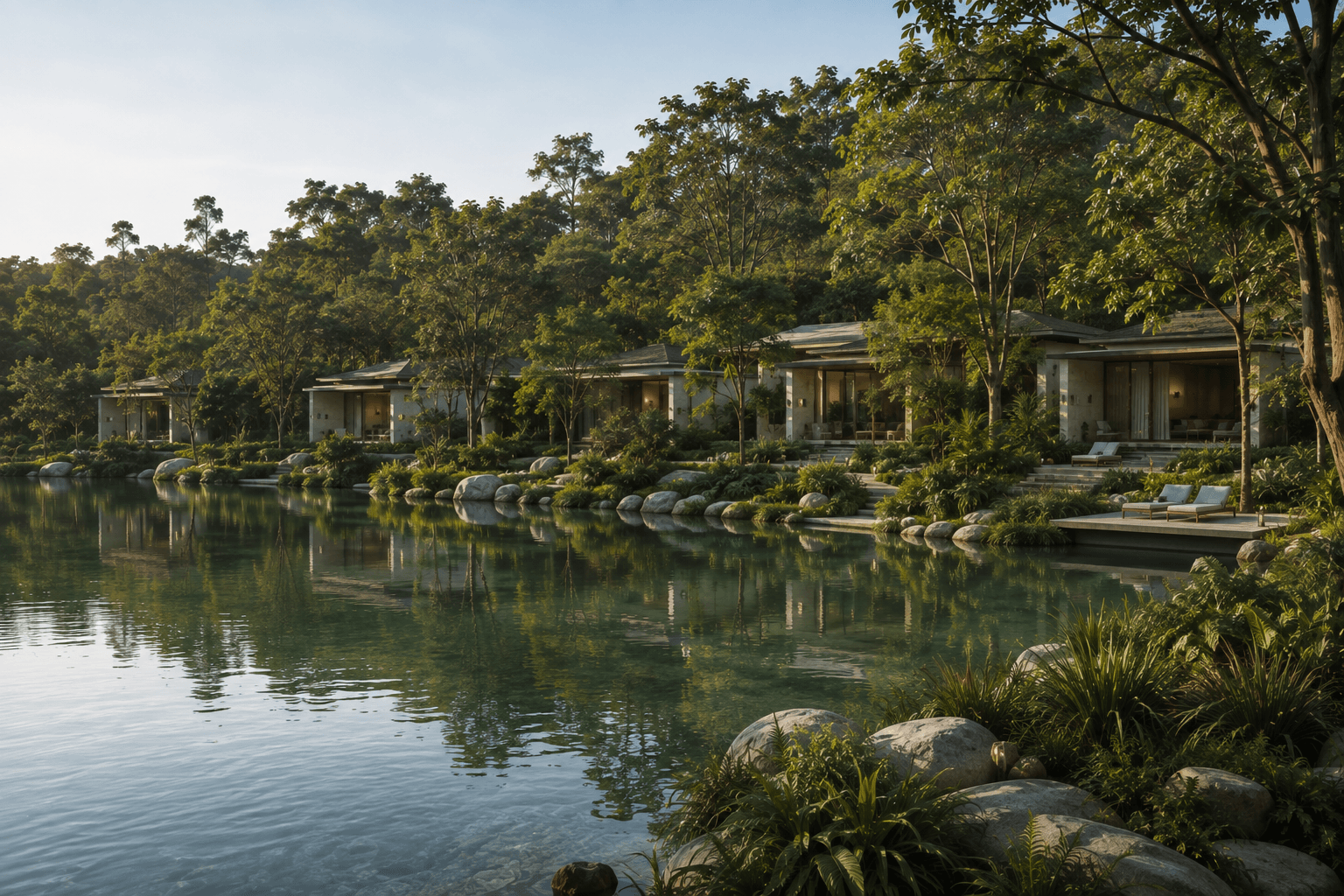 Slavia Resort — lobby pavilion with timber screening, visualized by Space & Scale