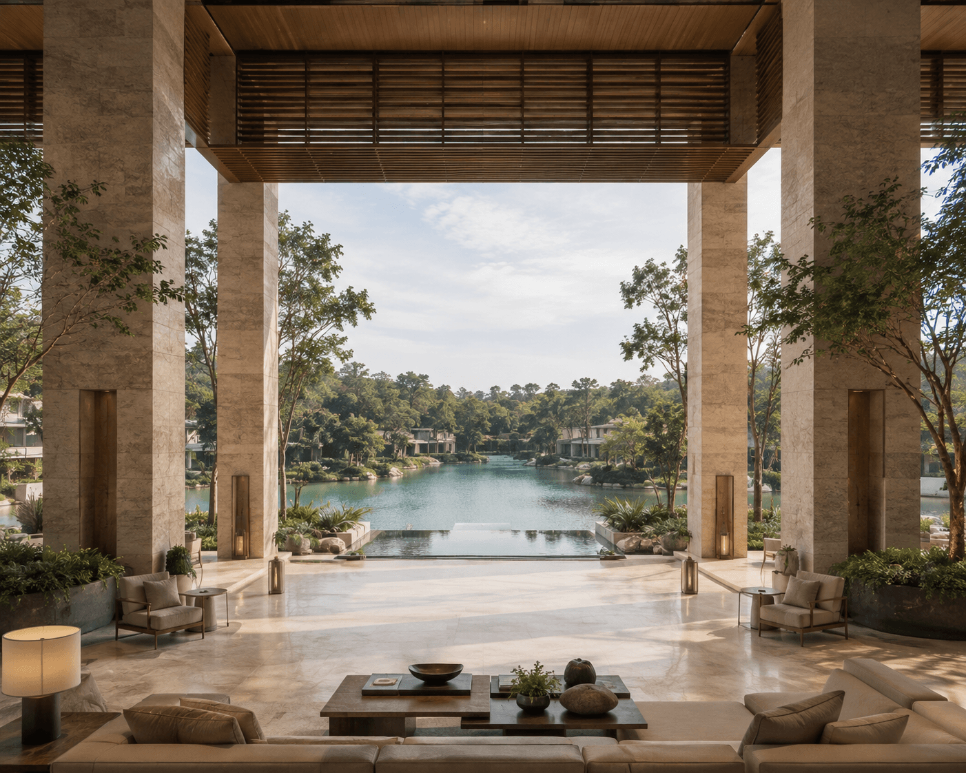 Slavia Resort — spa and wellness pavilion approach, visualized by Space & Scale