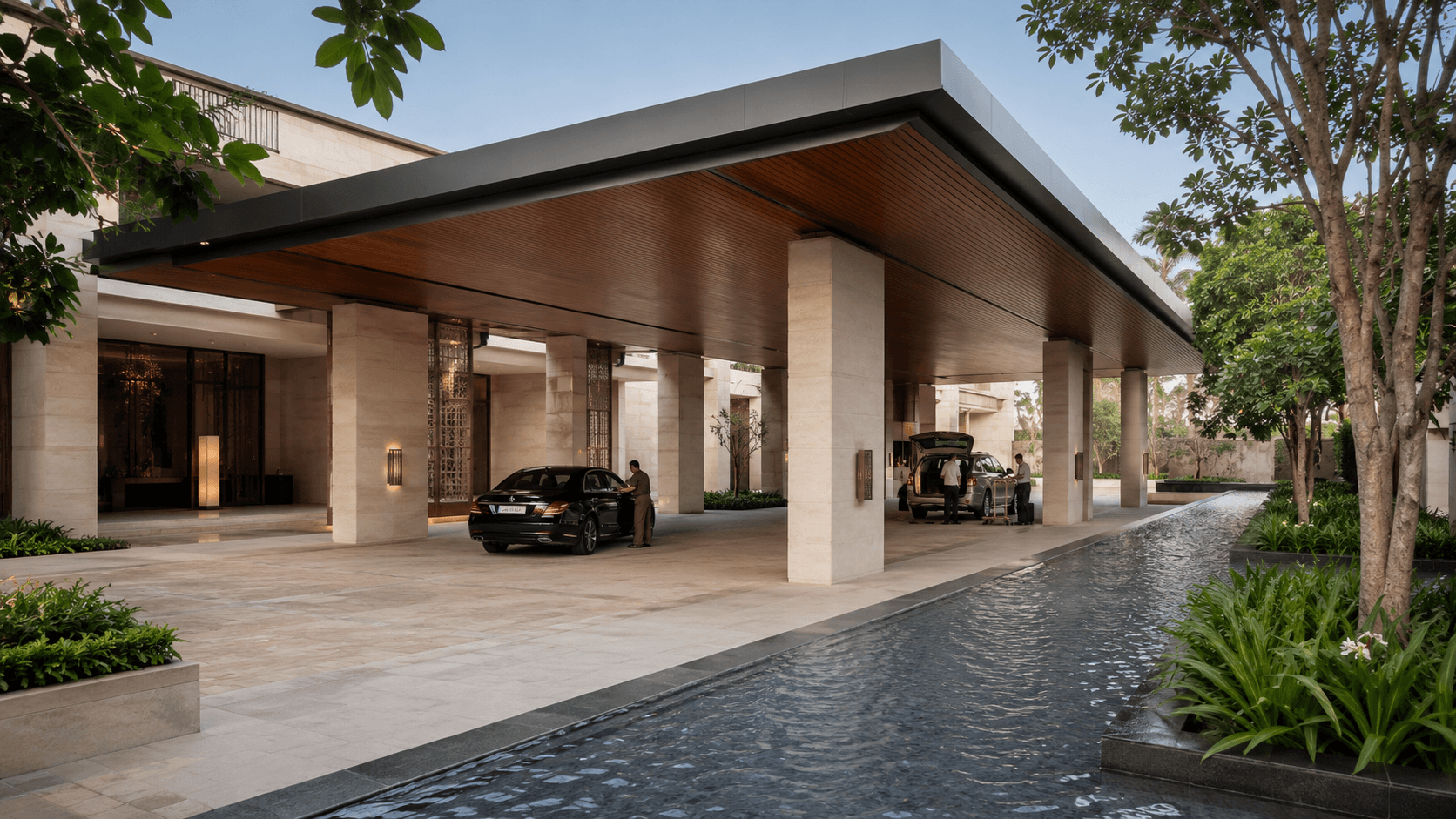 Slavia Resort — reflecting pool walkway at dusk, visualized by Space & Scale