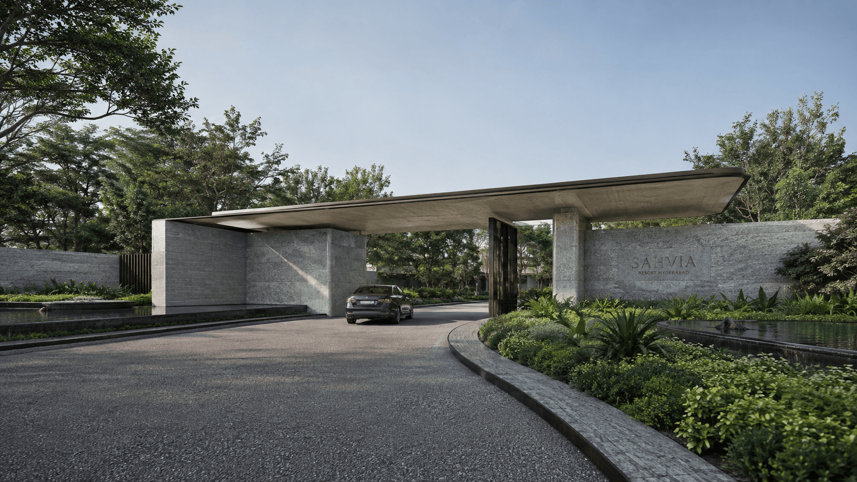 Slavia Resort spa and wellness pavilion at dusk — 3D architectural visualization by Space & Scale, Hyderabad