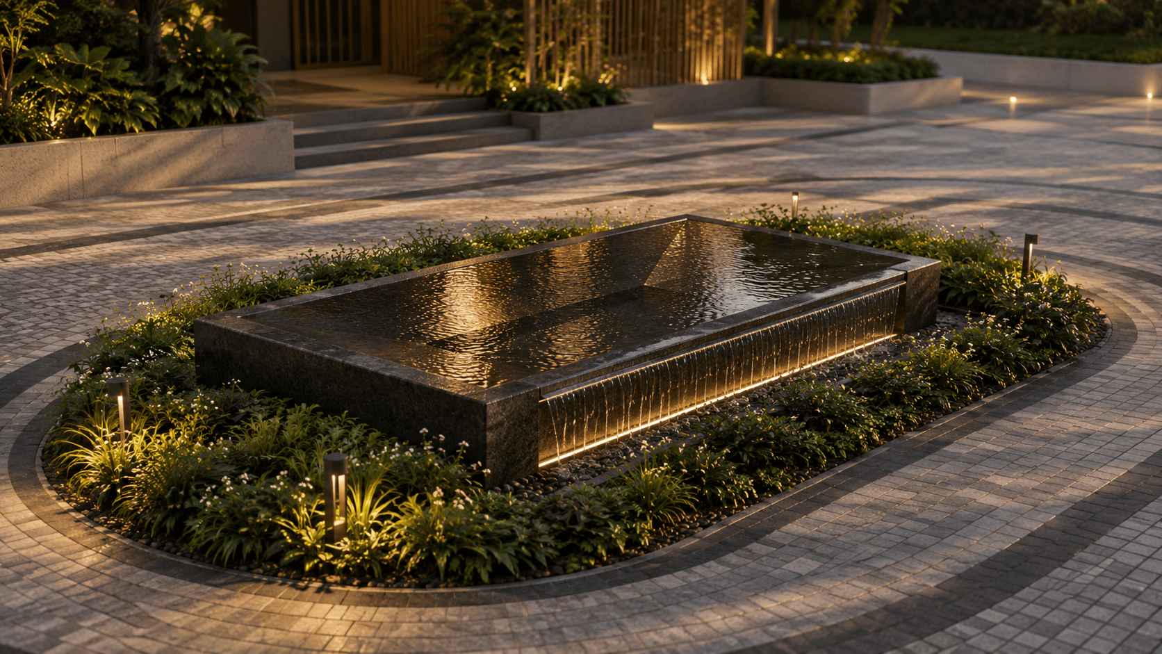 Vasant Vihara — residence facade and garden edge, visualized by Space & Scale