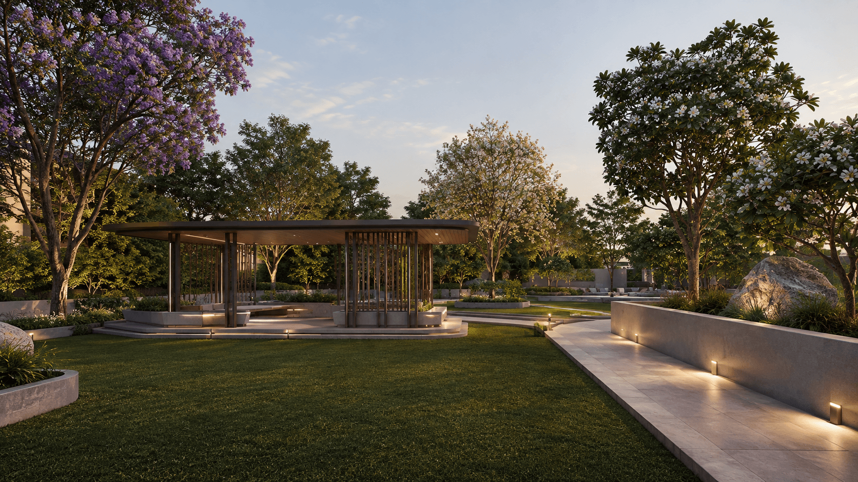 Vasant Vihara — garden-facing living pavilion, visualized by Space & Scale
