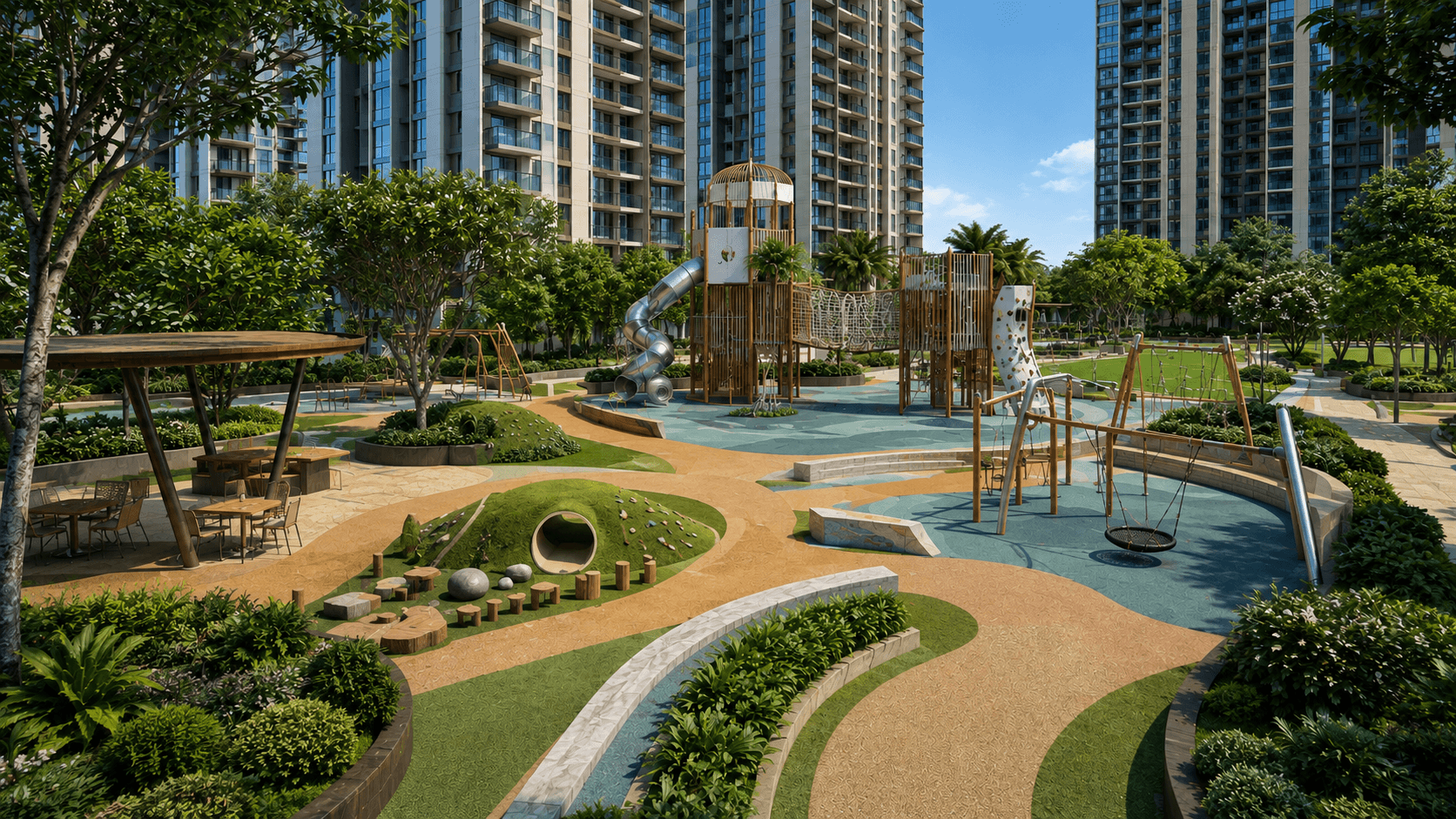 Aurum Heights residential tower podium water feature at dusk — 3D architectural rendering, Bengaluru