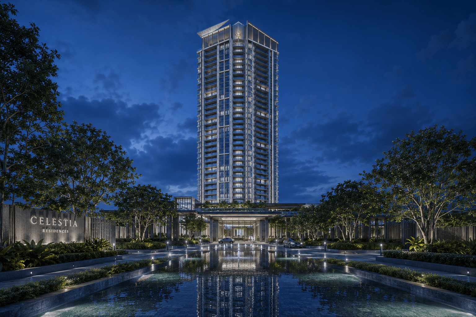 Celestia Residences resort-style pool deck — photorealistic 3D render, Mumbai