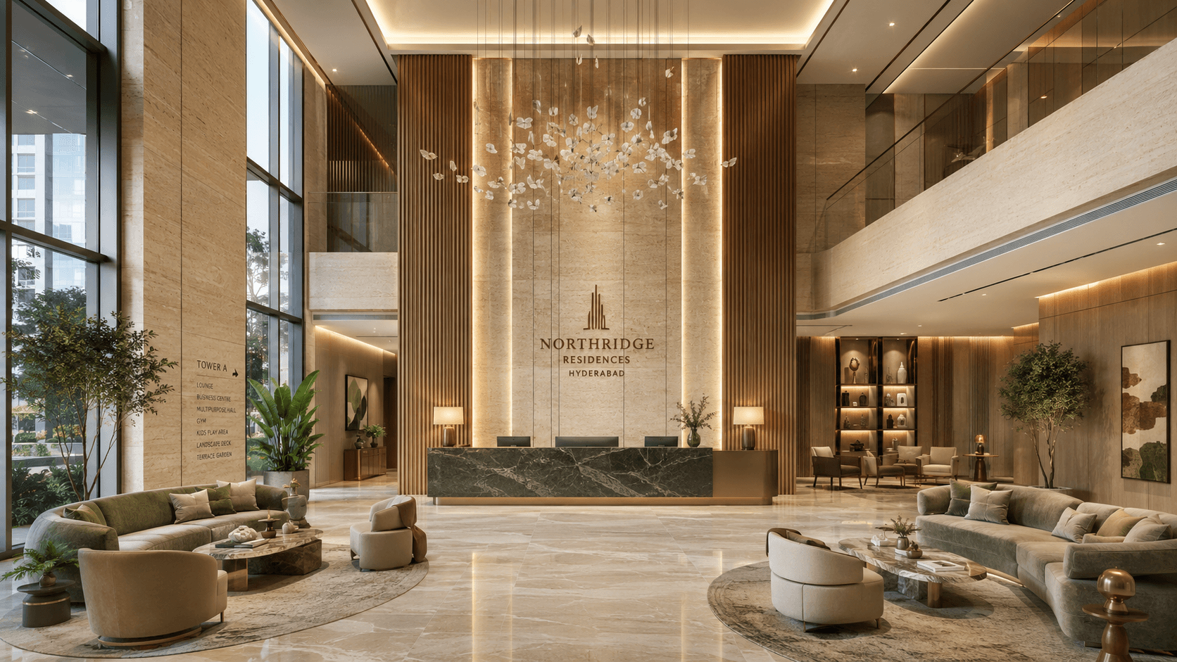 Northridge Residences double-height clubhouse lobby interior — 3D visualization, Hyderabad