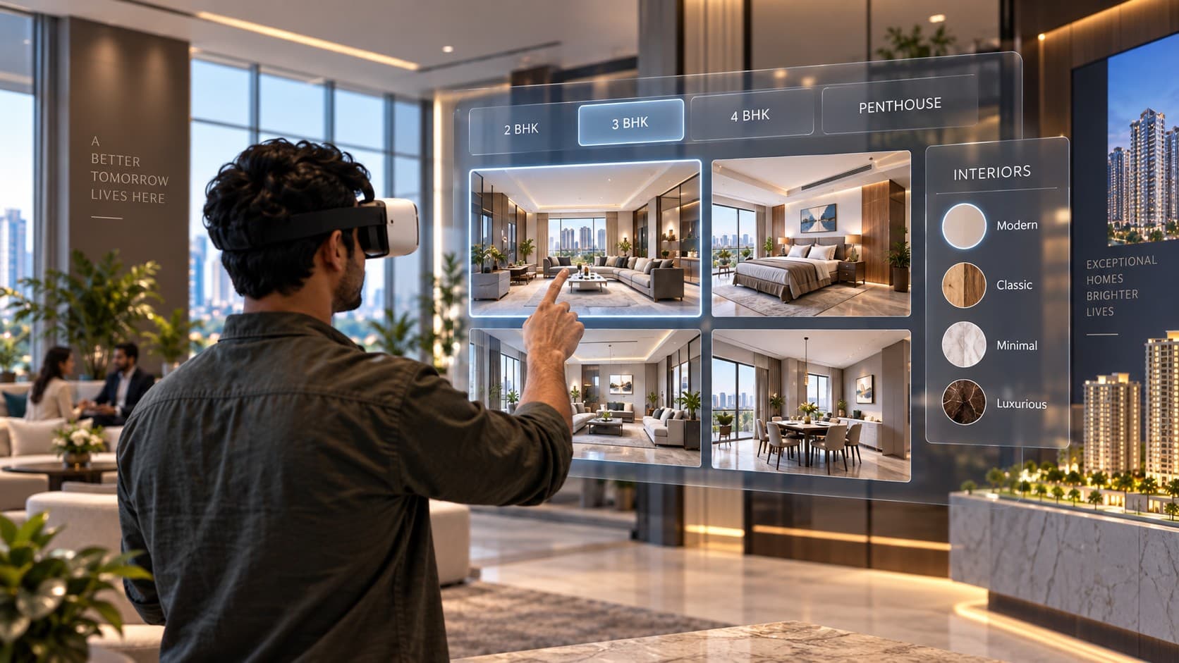 Digital interior visualization showing alternative finishes and lighting options.