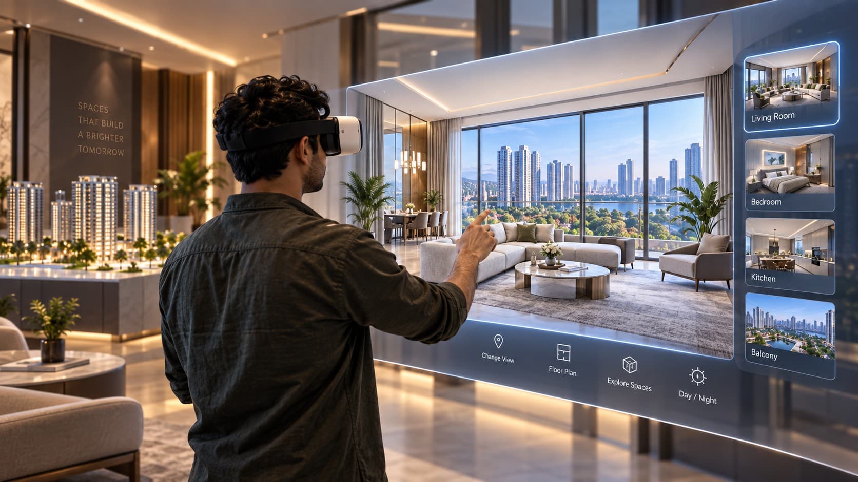 Buyers experiencing a VR walkthrough with a realistic city-view balcony scene.