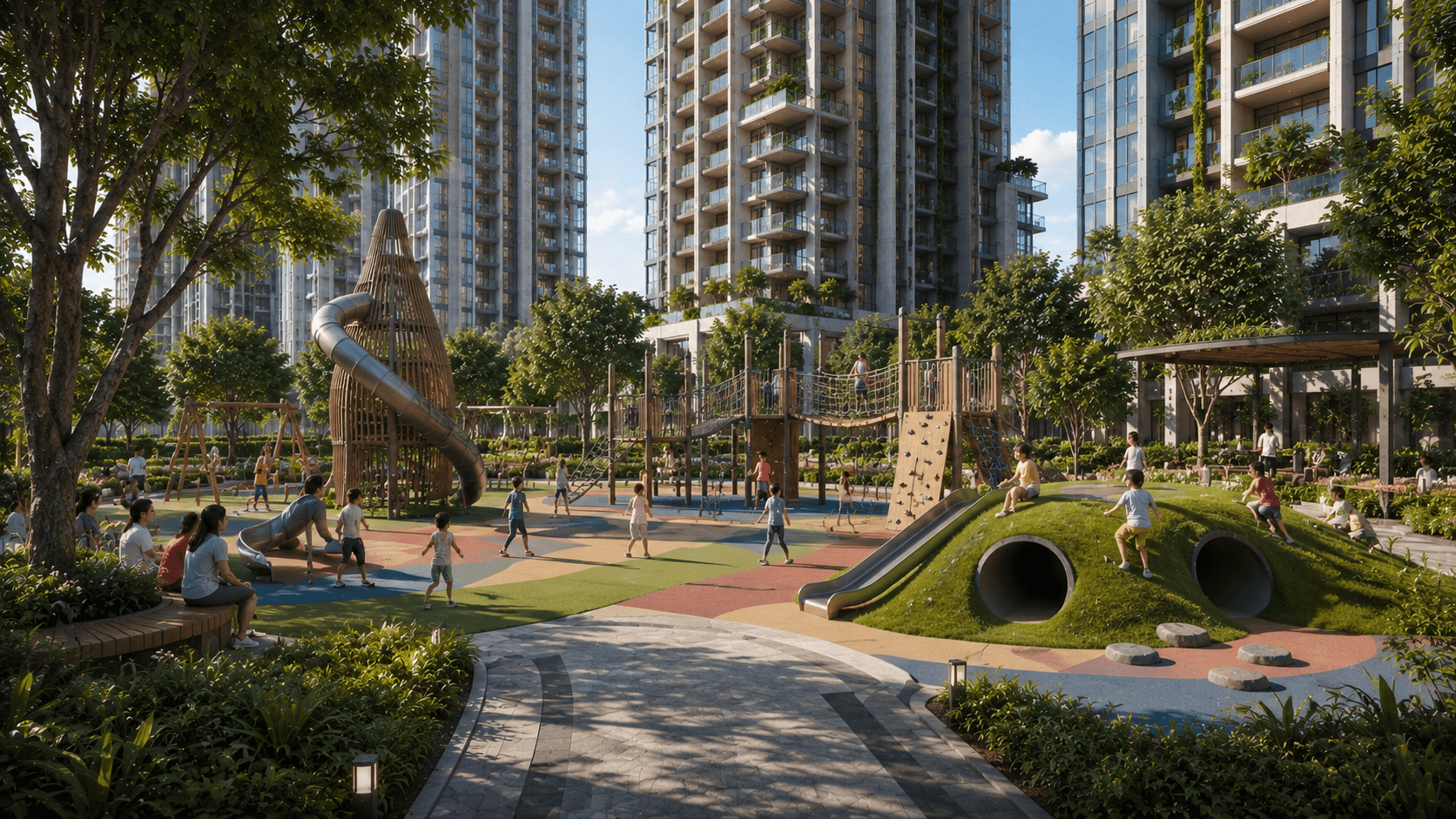 Aurum Heights — amenity deck overlooking the skyline, visualized by Space & Scale