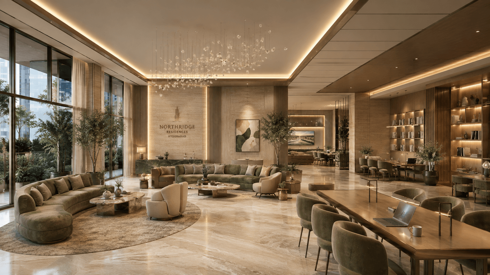 Northridge Residences — reception lounge with statement lighting, visualized by Space & Scale