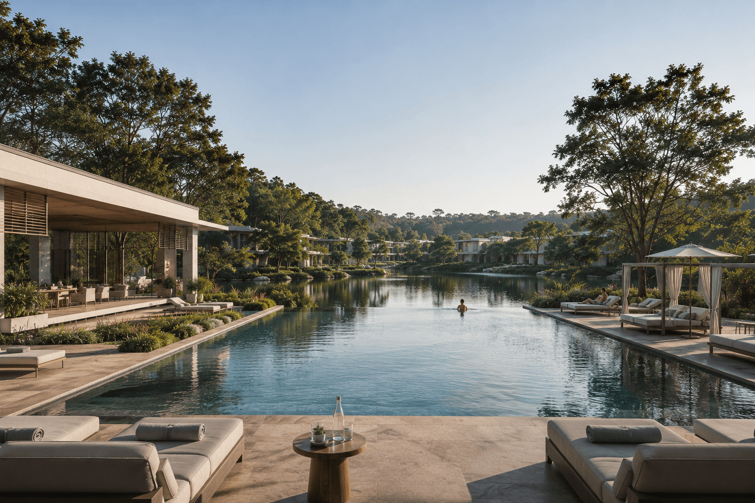 Slavia Resort — poolside cabana at golden hour, visualized by Space & Scale