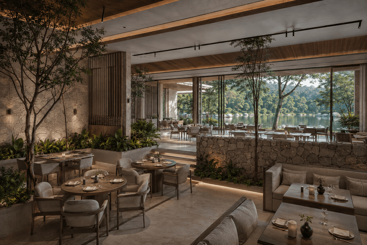 Slavia Resort — poolside cabana at golden hour, visualized by Space & Scale