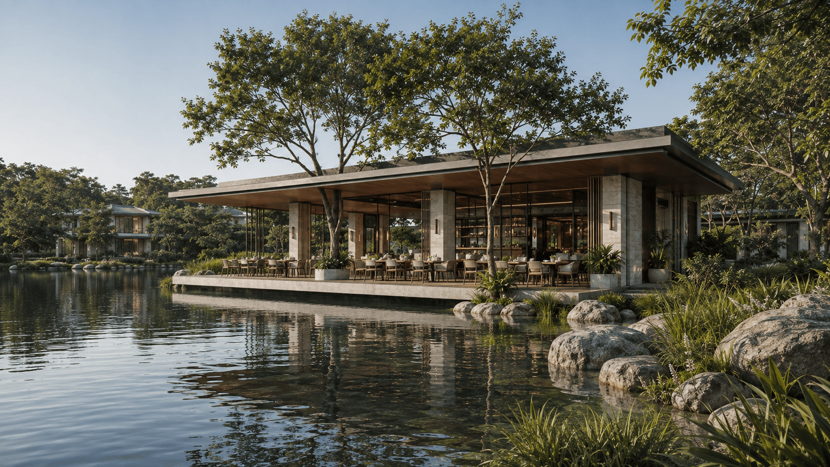 Slavia Resort — restaurant terrace overlooking the grounds, visualized by Space & Scale