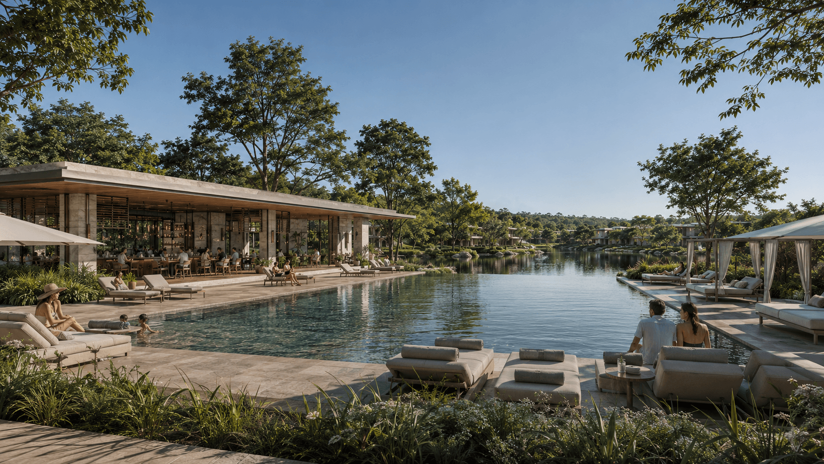 Slavia Resort — lobby pavilion with timber screening, visualized by Space & Scale