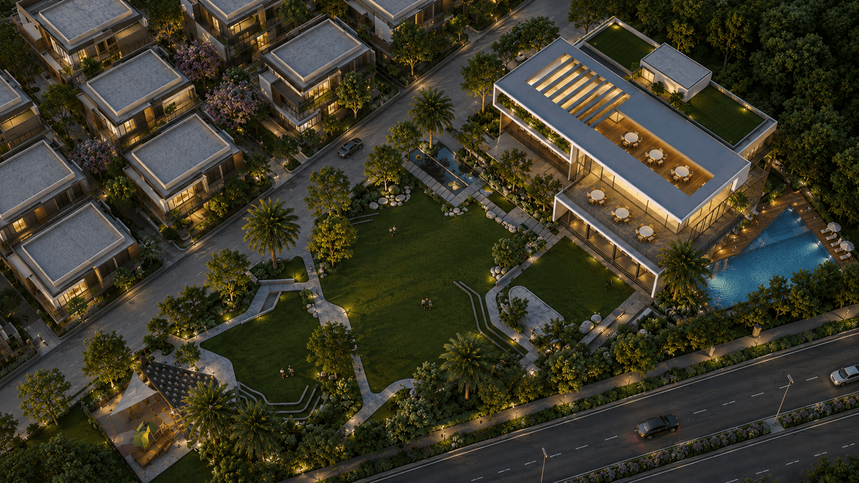 Vasant Vihara — rooftop entertaining deck, visualized by Space & Scale
