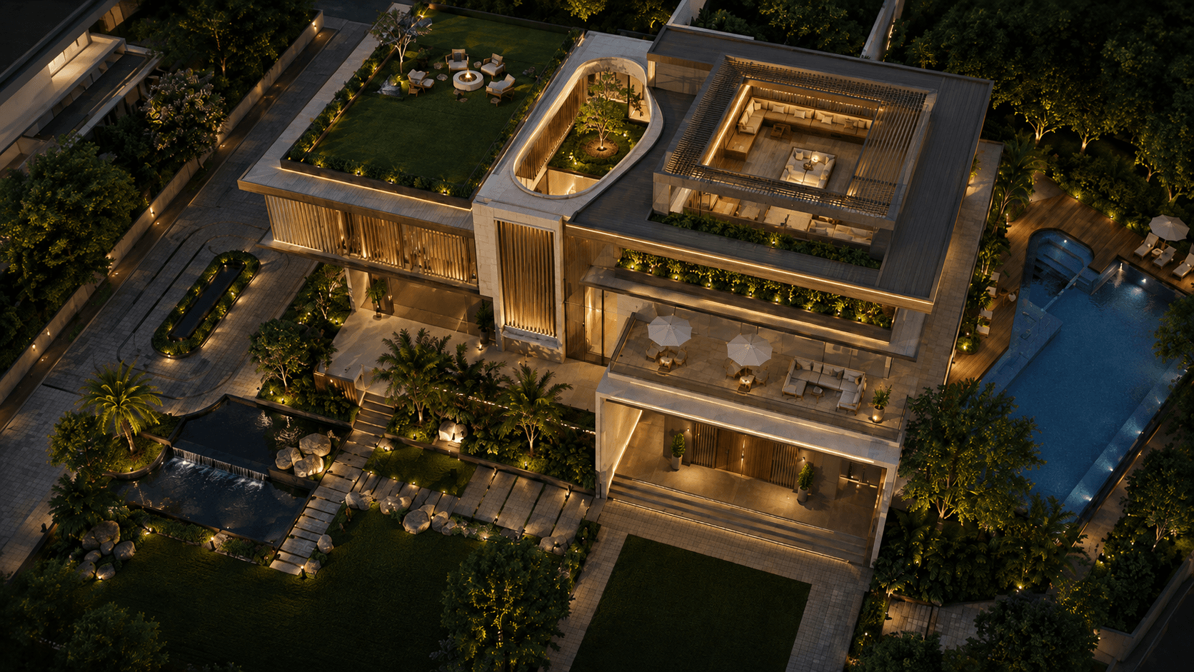 Vasant Vihara — residence facade and garden edge, visualized by Space & Scale